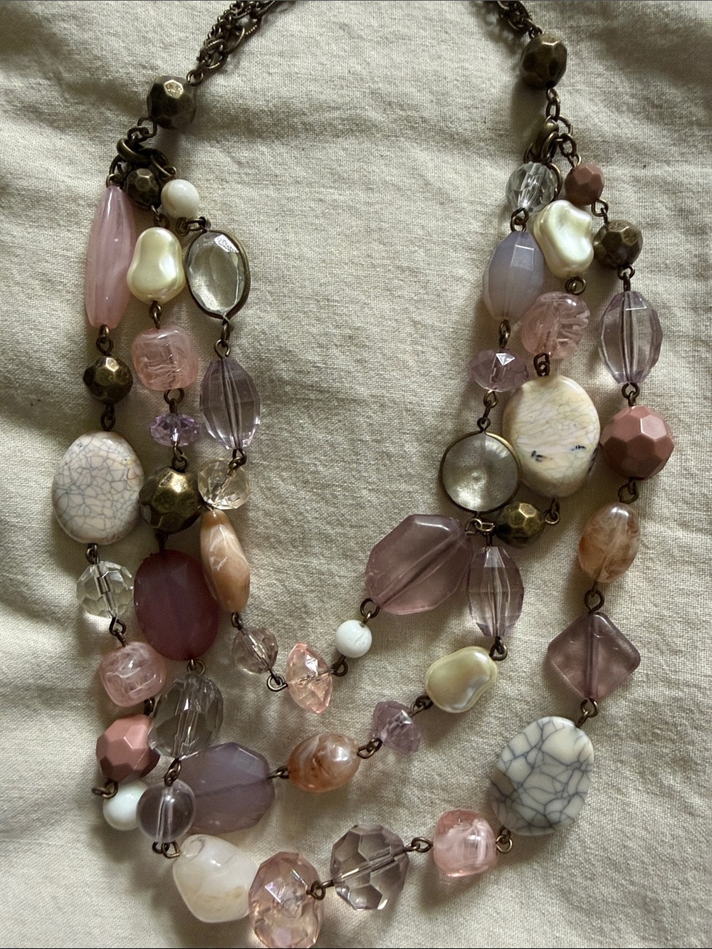 Layered Pink and Cream Beaded Necklace with Mixed Stones
